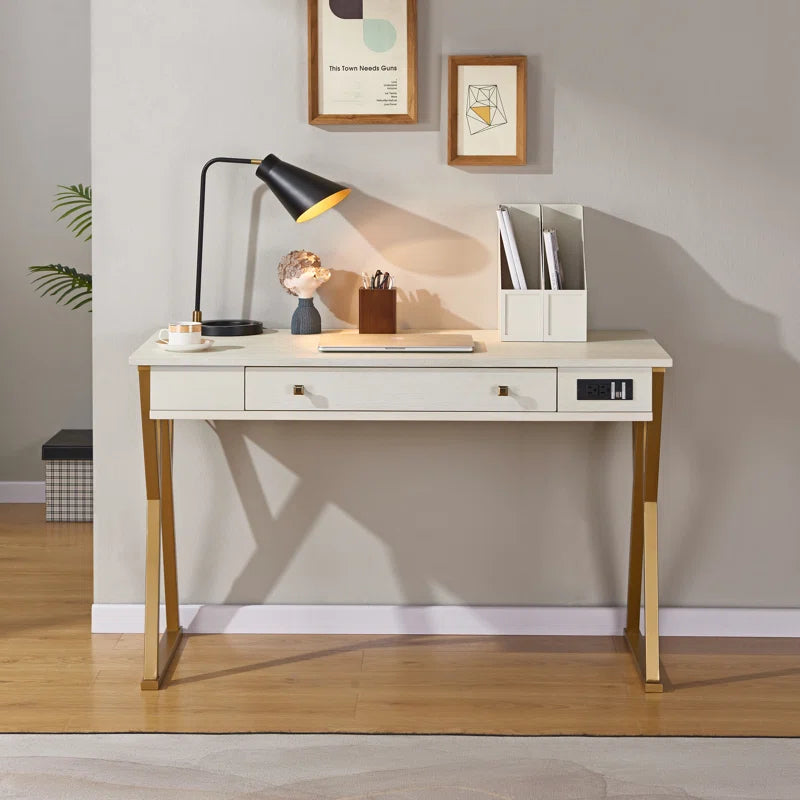 White desk with store built in outlets